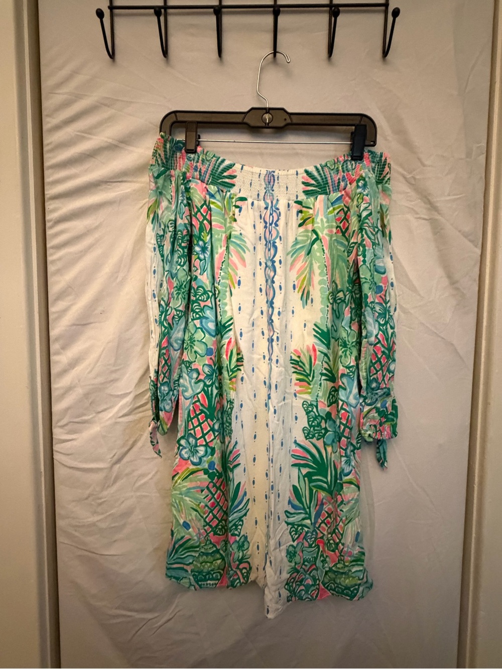 XS Lilly Pulitzer Resort White Coconut Row Print Off Shoulder Mini Dress